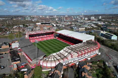 Aerial view of The City Ground football stadium in Nottingham.