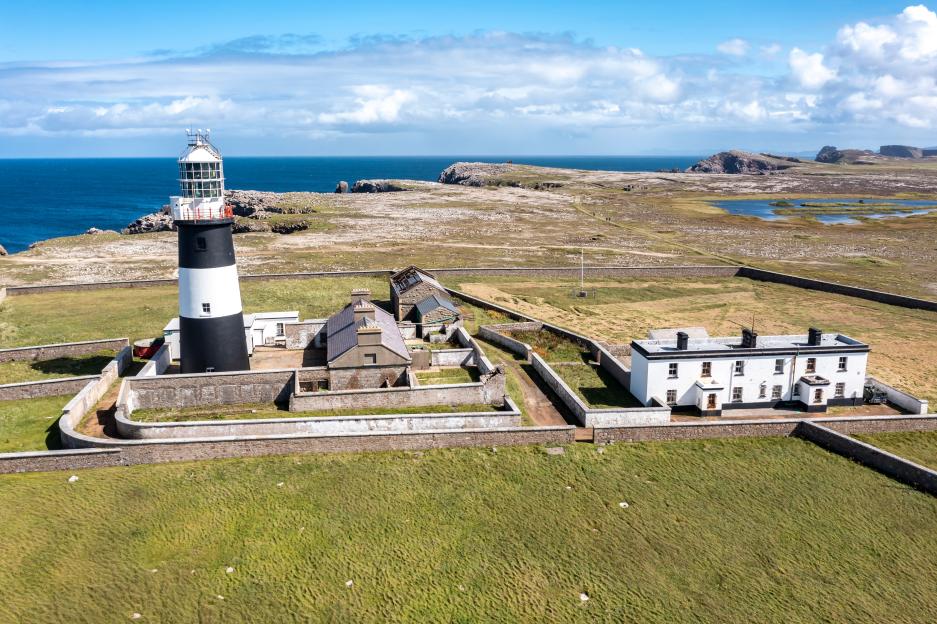 Aerial view of Tory Island lighthouse and keeper's houses.