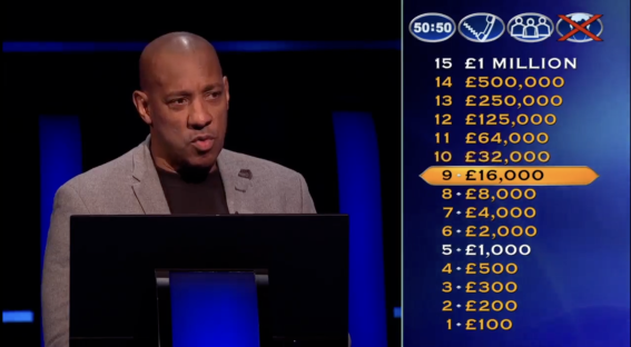 Dion Dublin on the Millionaire show, with the £16,000 prize highlighted.