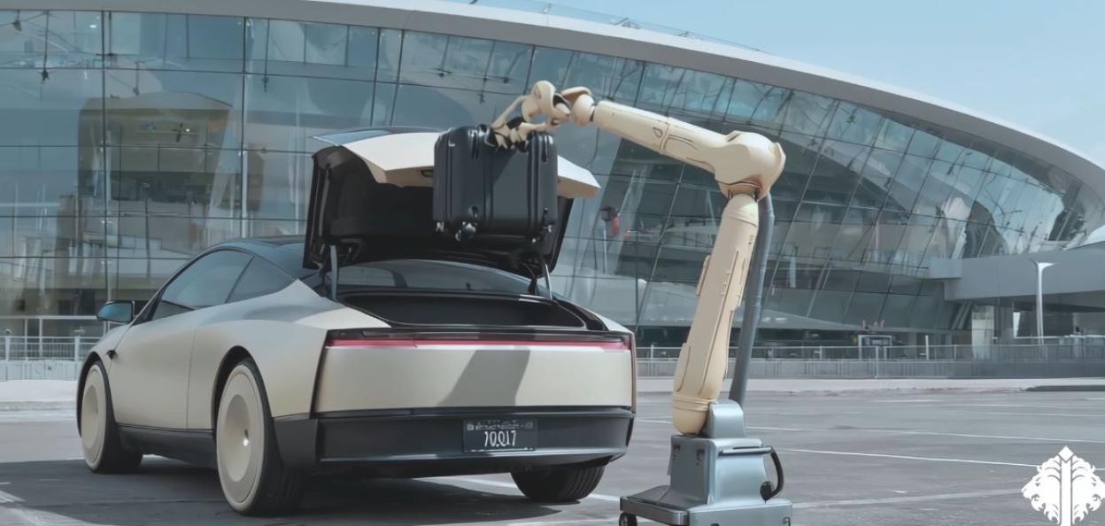 A robotic arm loading luggage into the trunk of a car at an airport.