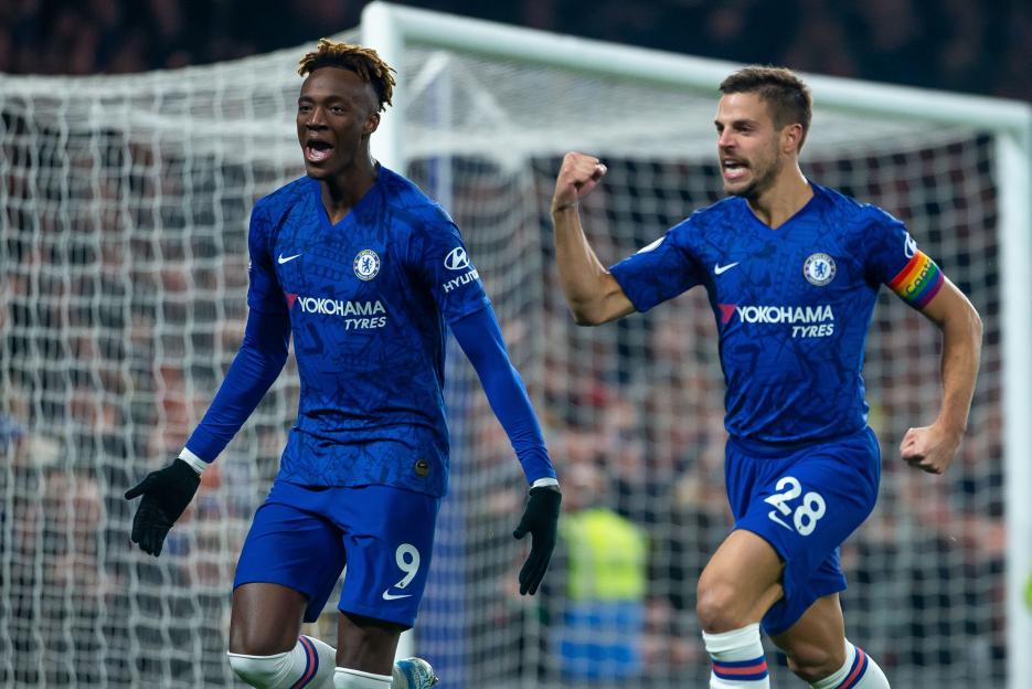 Chelsea players celebrating a goal.