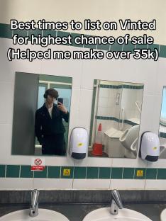 Man in restroom mirror, Vinted sales advice.