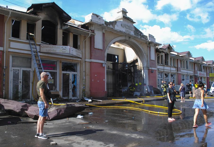 Damage to Pryvoz Market in Odesa, Ukraine, after a drone strike.