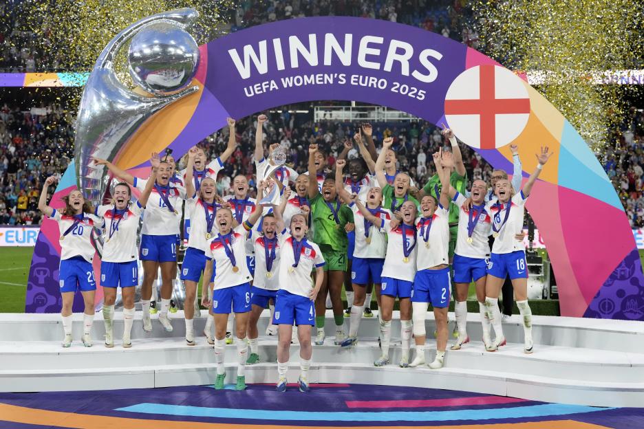England's women's soccer team celebrates their UEFA Women's Euro 2025 victory.