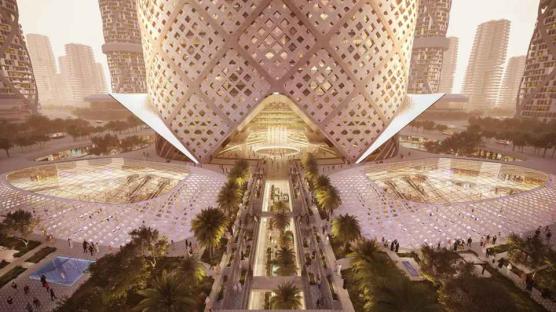 Illustration of a modern building's entrance with landscaped pathways.
