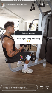Man at gym answering question about encountering ex.