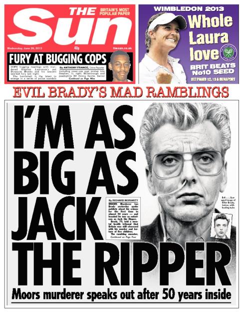 The Sun newspaper front page featuring Ian Brady's statement comparing himself to Jack the Ripper.