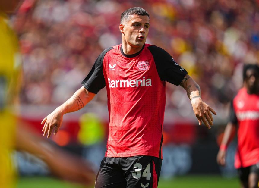 Granit Xhaka of Bayer 04 Leverkusen looks on during the 1.Bundesliga match between Bayer 04 Leverkusen and Borussia Dortmund at BayArena, Leverkusen, Germany on May 11, 2025. (Photo by Ulrik Pedersen/NurPhoto via Getty Images)
