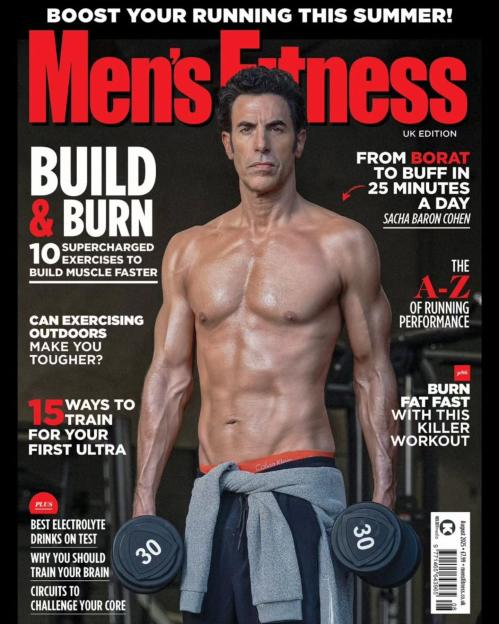 Men's Fitness magazine cover featuring Sacha Baron Cohen.