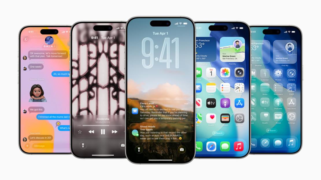 Illustration of several iPhone screens showcasing different iOS features.