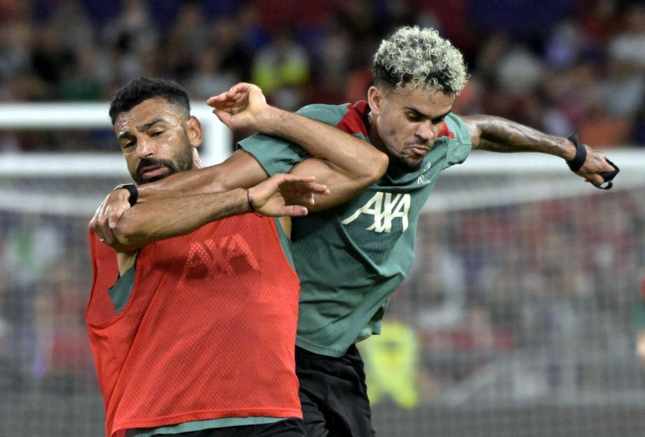 Mohamed Salah and Luis Diaz of Liverpool during a training session.