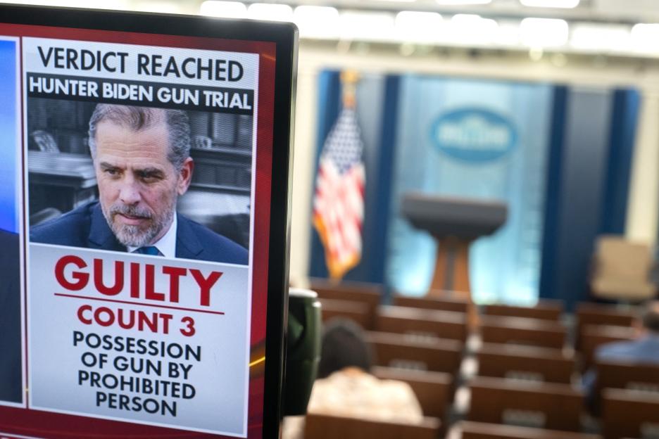 Television screen displaying Hunter Biden's guilty verdict for gun possession.