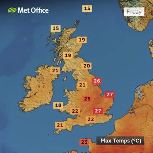 UK weather map showing maximum temperatures in Celsius.