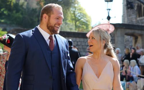 James Haskell and Chloe Madeley arriving at St George's Chapel, Windsor Castle for a royal wedding.