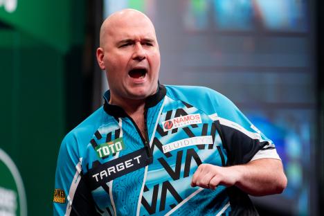 Rob Cross of England celebrates at the TOTO Dutch Darts Masters.