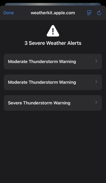 iPhone screen showing three severe weather alerts.