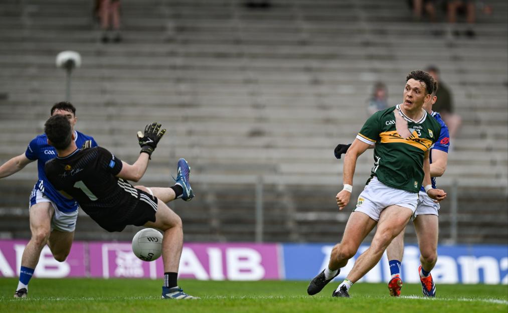 21 June 2025; David Clifford of Kerry scores his side's first goal during the GAA Football All-Ireland Senior Championship preliminary quarter-final match between Kerry and Cavan at Fitzgerald Stadium in Killarney, Kerry. Photo by Brendan Moran/Sportsfile