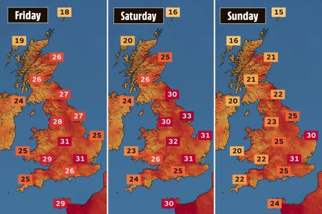 UK weather forecast map showing temperatures for Friday, Saturday, and Sunday.