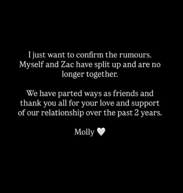 Molly's announcement of her breakup with Zac.