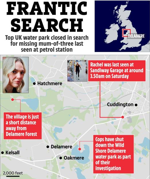 Map showing the search area for a missing woman in Delamere, UK.