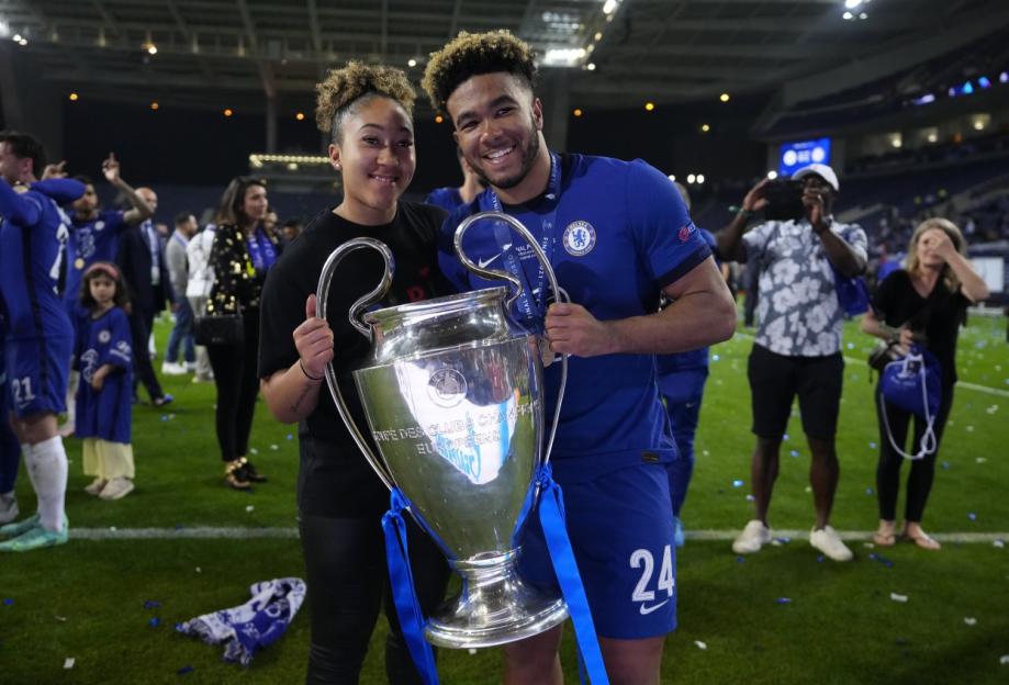 PORTO, PORTUGAL - MAY 29: Reece James of Chelsea celebrates with the Champions League Trophy with his Sister, Lauren James following victory in the UEFA Champions League Final between Manchester City and Chelsea FC at Estadio do Dragao on May 29, 2021 in Porto, Portugal. (Photo by Manu Fernandez - Pool/Getty Images)