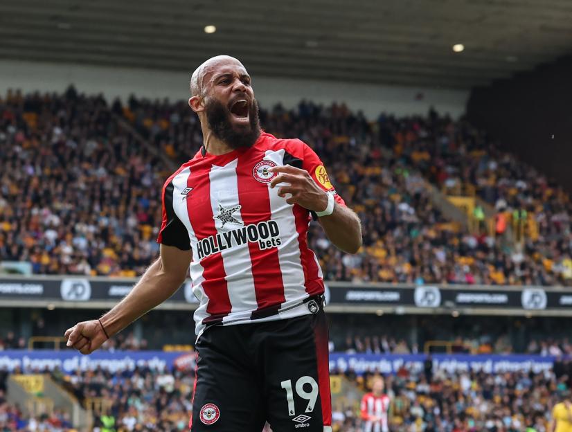 Bryan Mbeumo of Brentford celebrates scoring a goal.