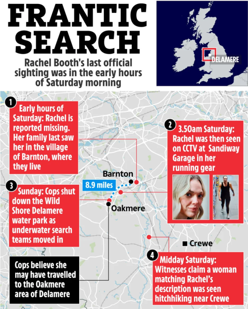 Illustration of a map showing the timeline and locations related to Rachel Booth's disappearance.