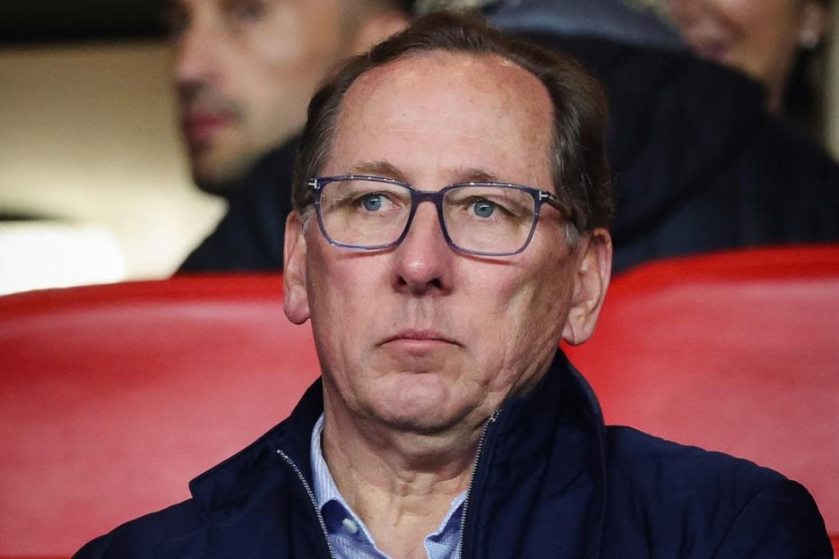 Olympique Lyonnais' (OL) US President John Textor looks on from the stands prior to the French L1 football match between AS Monaco and Olympique Lyonnais (OL) at the Louis II Stadium (Stade Louis II) in the Principality of Monaco on May 10, 2025. (Photo by CLEMENT MAHOUDEAU / AFP) (Photo by CLEMENT MAHOUDEAU/AFP via Getty Images)