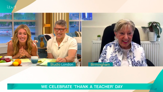 Cat Deeley on This Morning with a former teacher.
