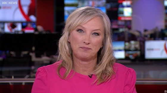 Screenshot of a woman in a pink shirt on a news set.