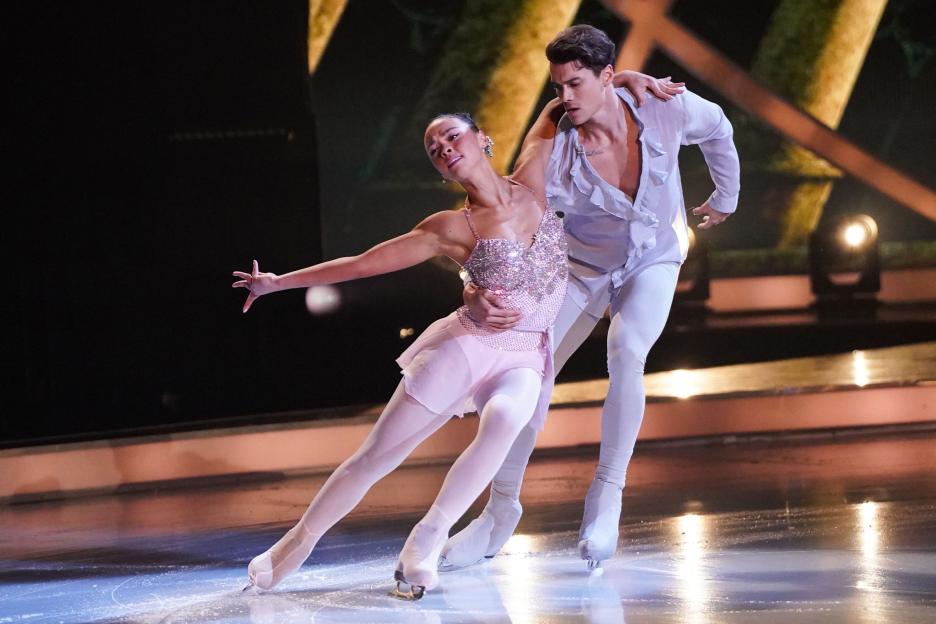 Ice dancers performing on a rink.