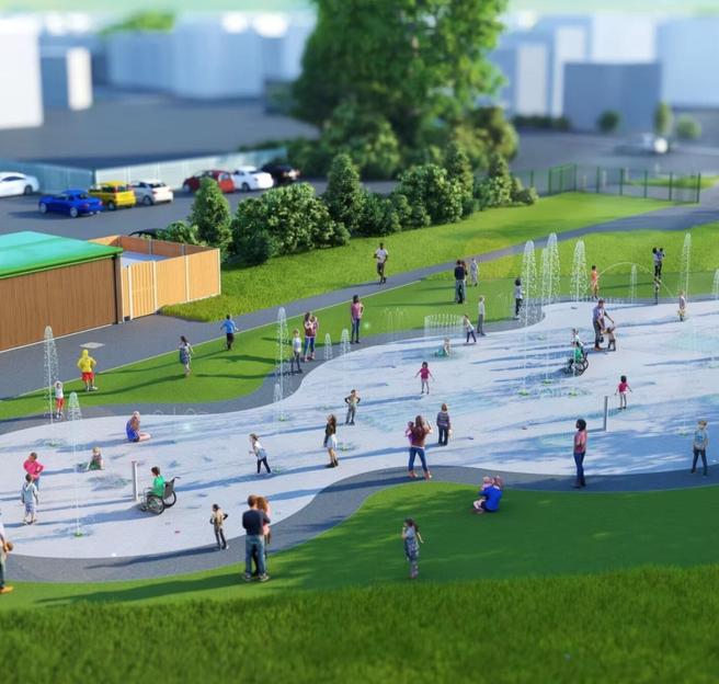 Illustration of a splash park with children and adults playing in water features.