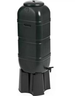 Dark green rain barrel on a black stand.