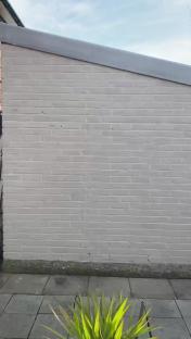 White brick wall with a gray roofline and a green plant in the foreground.