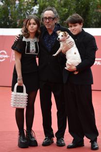 Tim Burton with his children and dog at the Rome Film Fest.
