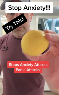 TikTok video showing a man holding a yellow object and claiming it stops anxiety and panic attacks.