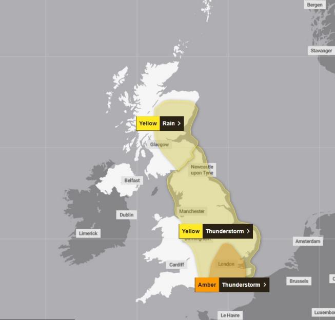 Map of the UK highlighting yellow and amber weather warnings for rain and thunderstorms.