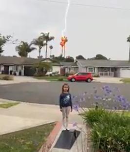 Lightning bolt striking a palm tree near a young girl.
