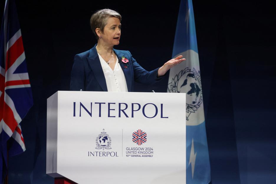 Yvette Cooper speaking at the Interpol General Assembly.