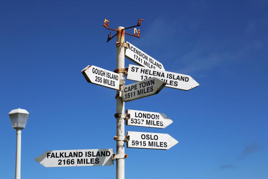 Signpost in Tristan da Cunha showing distances to various locations.
