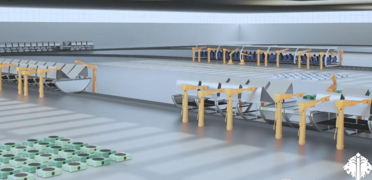 Illustration of a futuristic airport baggage handling system.