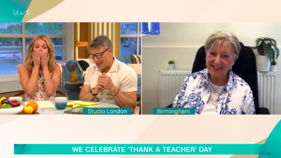 Screenshot of Cat Deeley on This Morning being reunited with her former teacher via video call.