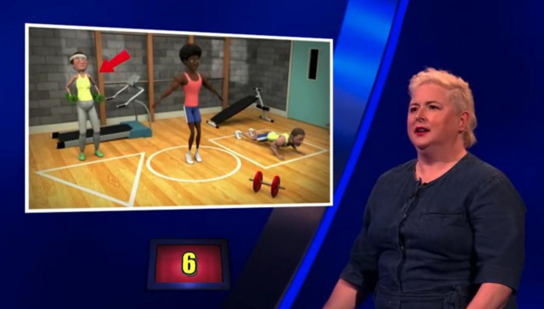 Illustration of a game show contestant and an animation of people exercising.
