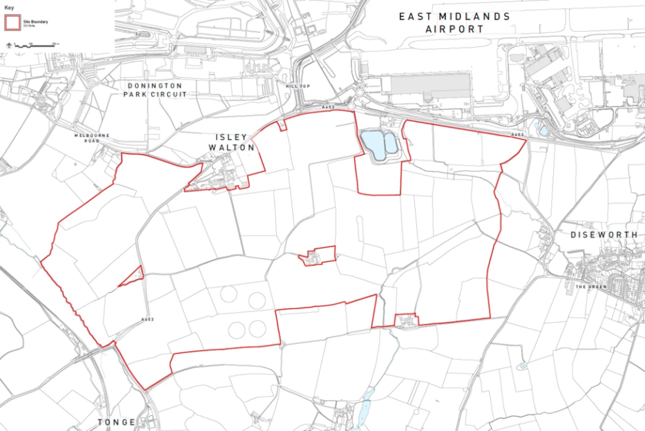 Map showing proposed new town site near East Midlands Airport.