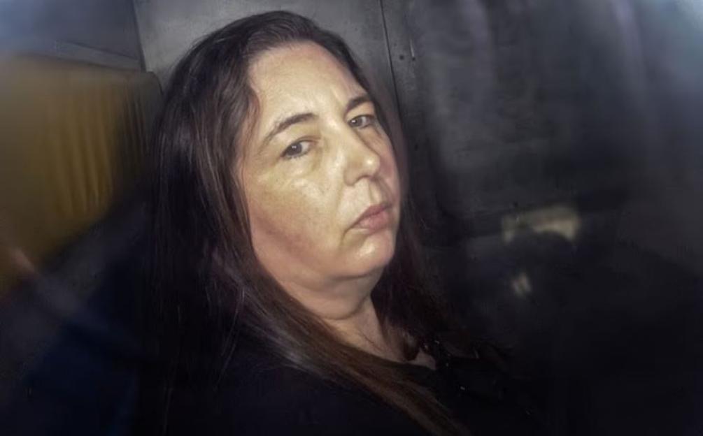 Woman with long brown hair in a dark vehicle.