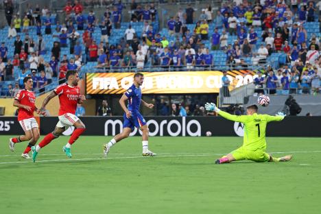 A soccer goal being scored during a FIFA Club World Cup match.