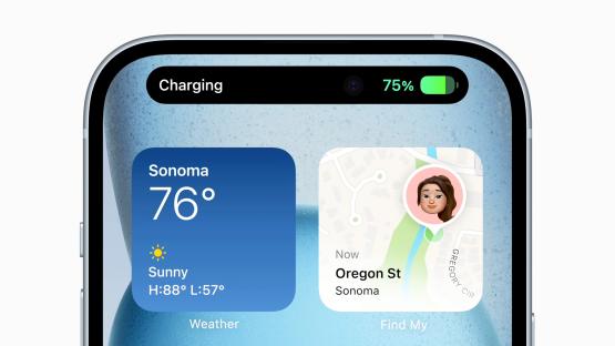 iPhone screen showing 75% battery charging, weather in Sonoma (76°F, sunny, high 88°F, low 57°F), and Find My location.