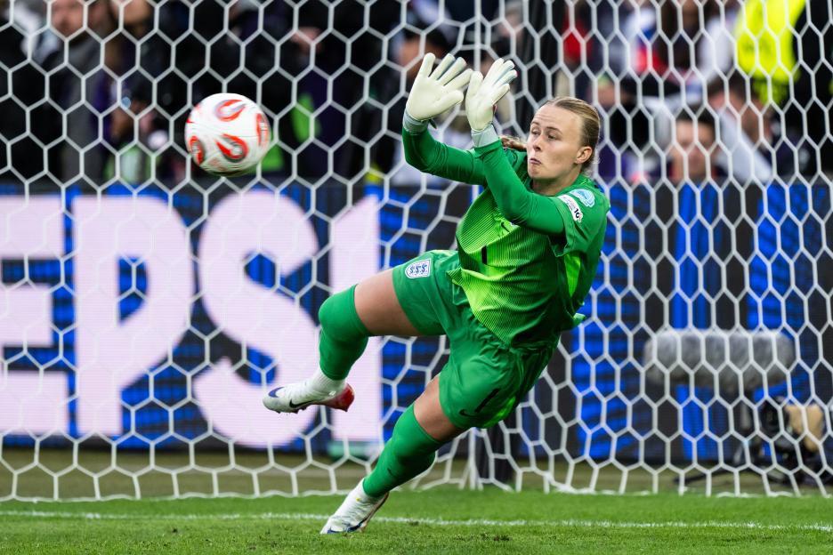 Hannah Hampton of Spain saves a penalty kick.