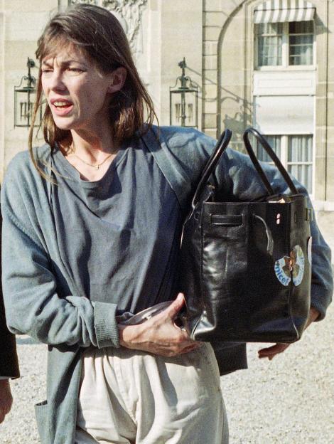 Collage of Jane Birkin's Hermes Birkin bag and a photo of her carrying a similar bag.