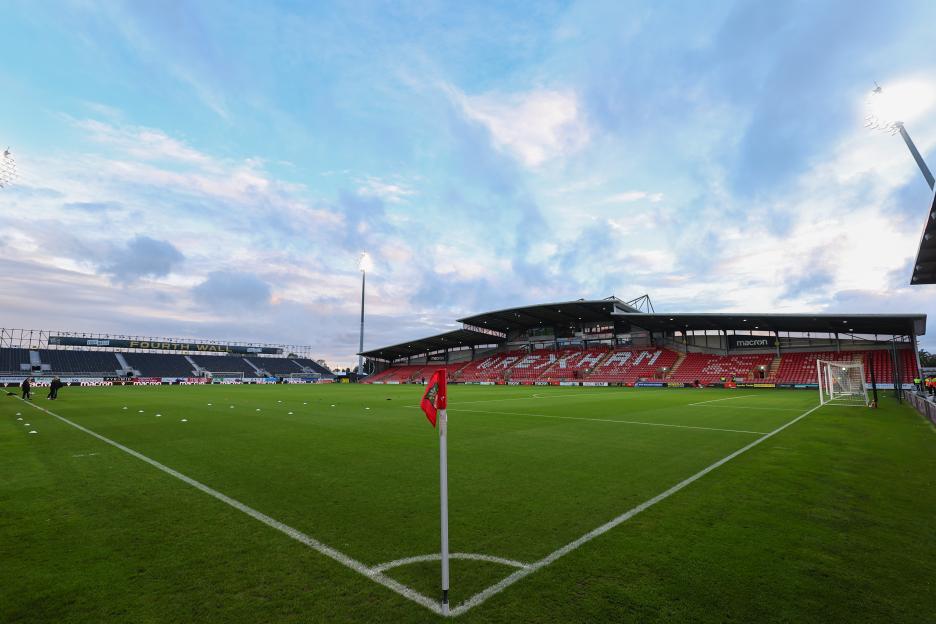 Wrexham AFC Racecourse Ground, viewed from the corner of the pitch.